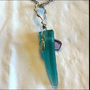ARTISAN Aqua Glass Amethyst and Tourmaline Rustic Wire Wrapped Pendant